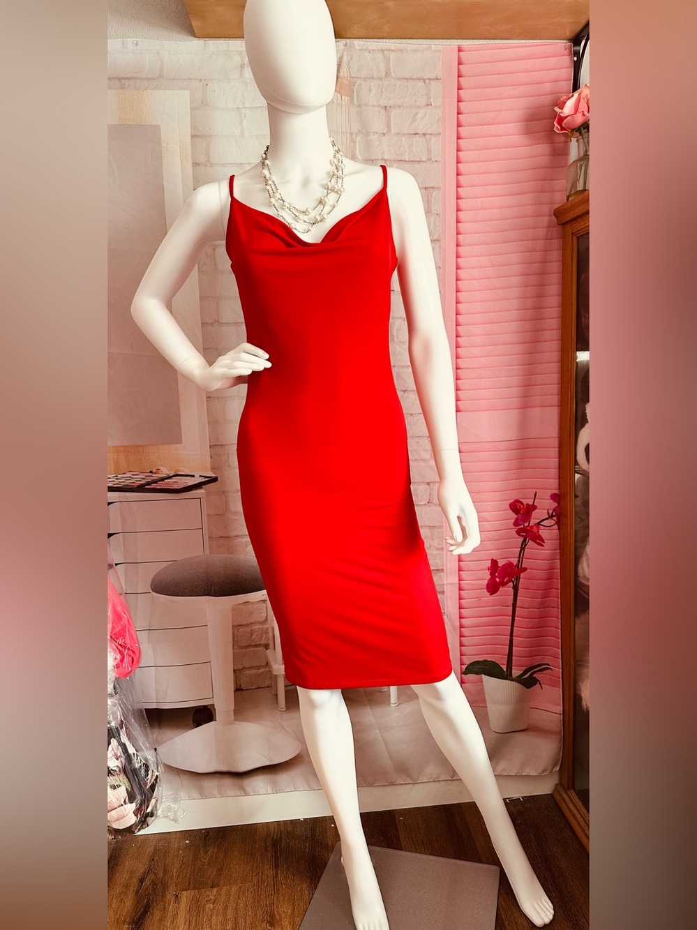 Forever 21 Red Cowl Neck Bodycon Midi Slip Dress